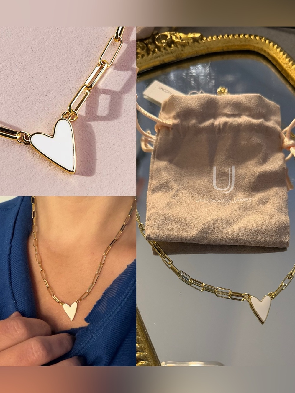NWT Uncommon James large enamel Necklace White Heart Charm paperclip